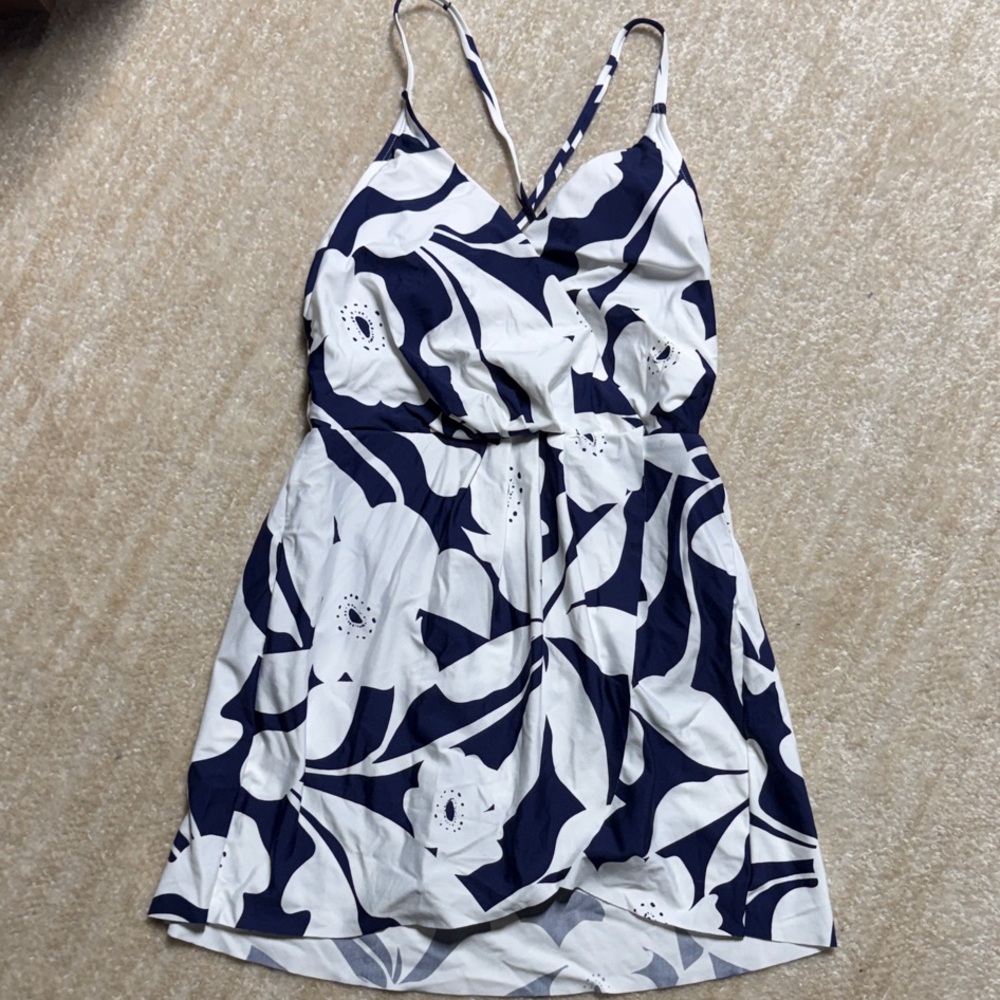 Anne Cole Navy & White Floral Swim Dress with V-Neck